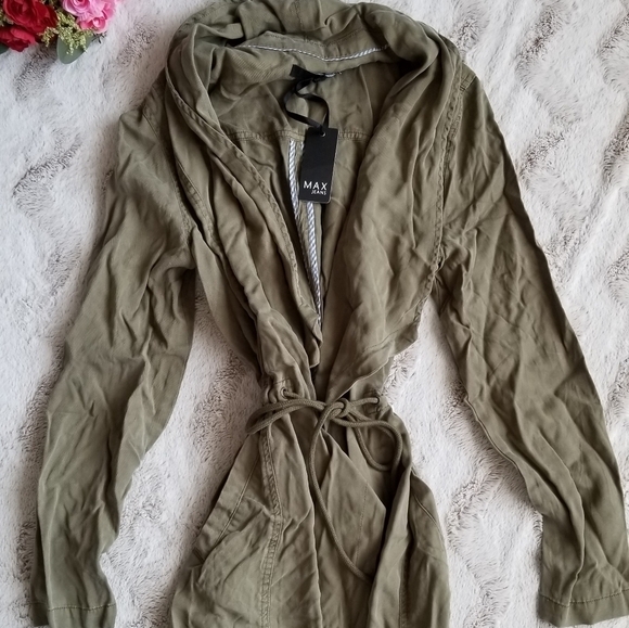 Max Studio Martini Olive Green Long Tie Waist Open Utility Jacket NWT Size M - Picture 2 of 9